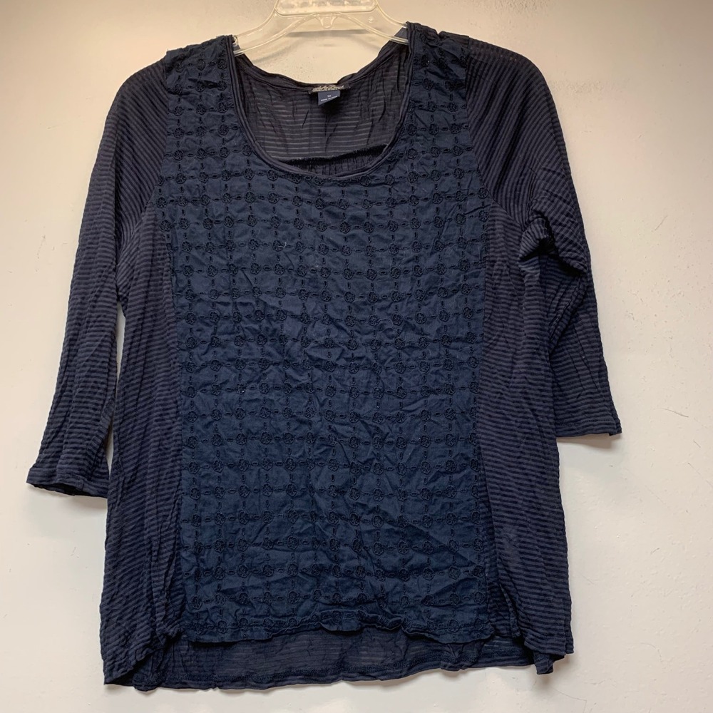 Lucky Brand Top Womens 1X Navy Blue Excellent Eyelet Mixed Media Boho